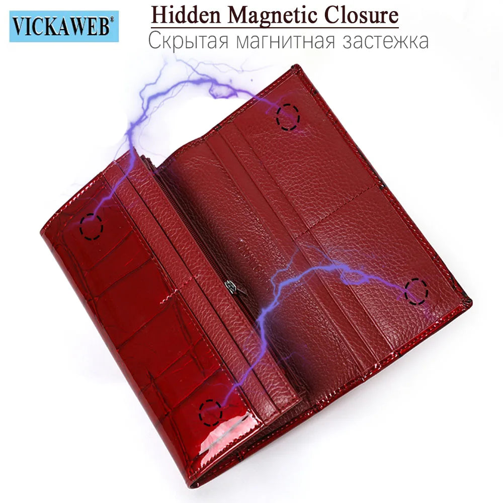 Genuine Leather Women’s Long Wallet – Magnetic Hasp Ladies Purse with Card Slots, Coin Pocket & Fashion Slim Design