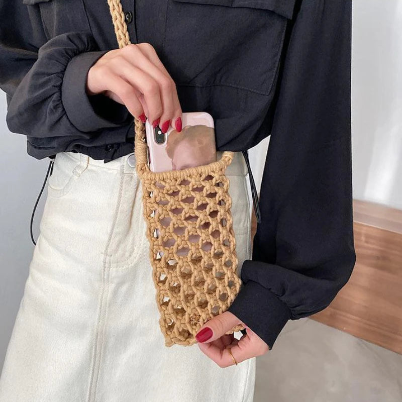 Women’s Small Crossbody Phone Bag – Solid Color Hollow-Out Woven Crochet Lightweight Braided Shoulder Handbag