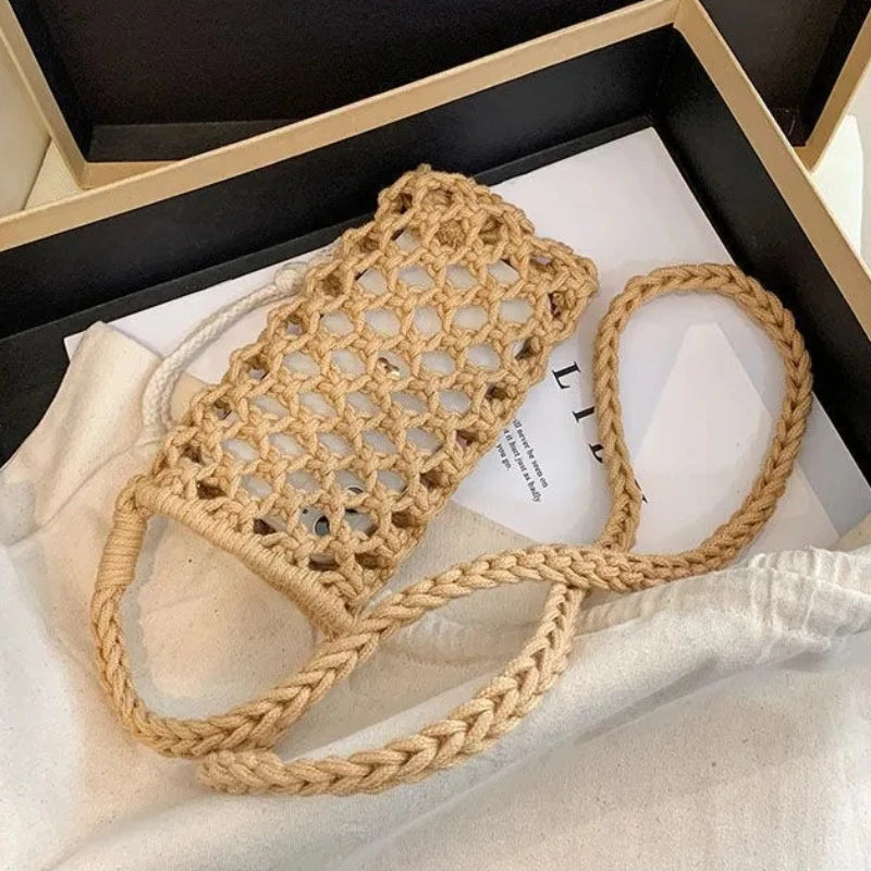 Women’s Small Crossbody Phone Bag – Solid Color Hollow-Out Woven Crochet Lightweight Braided Shoulder Handbag