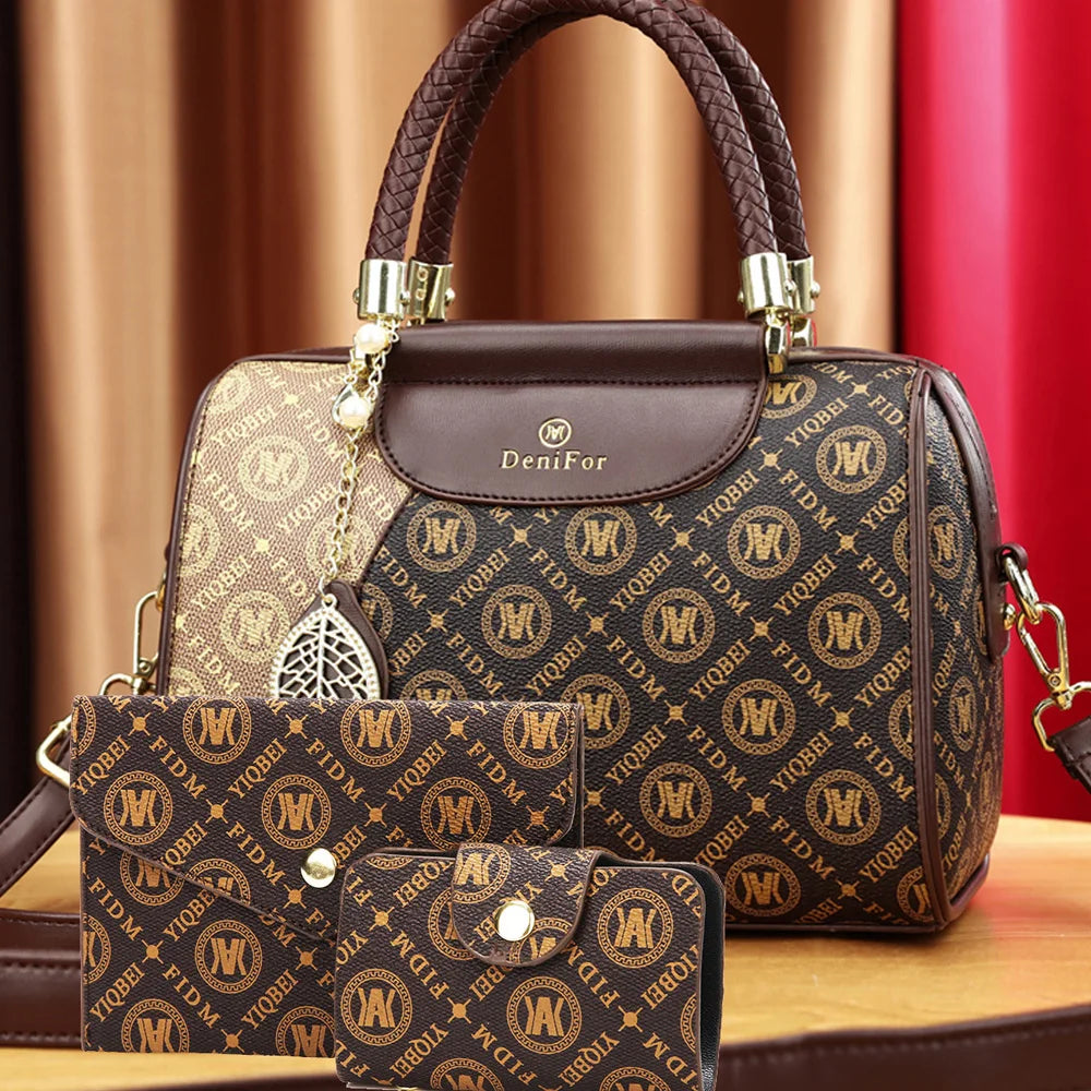 Elegant Fashion Women's Bag Set, 3-Piece European Style Tote and Wallet Combo, Geometric Pattern Faux Leather Handbag with Zip C