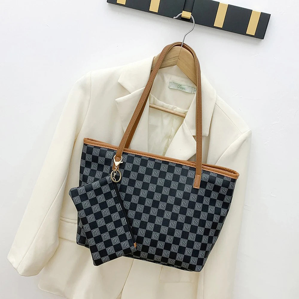 Women’s 2-Piece Tote Bag Set – Large Capacity Checkerboard Shoulder Bag with Matching Wallet Pendant