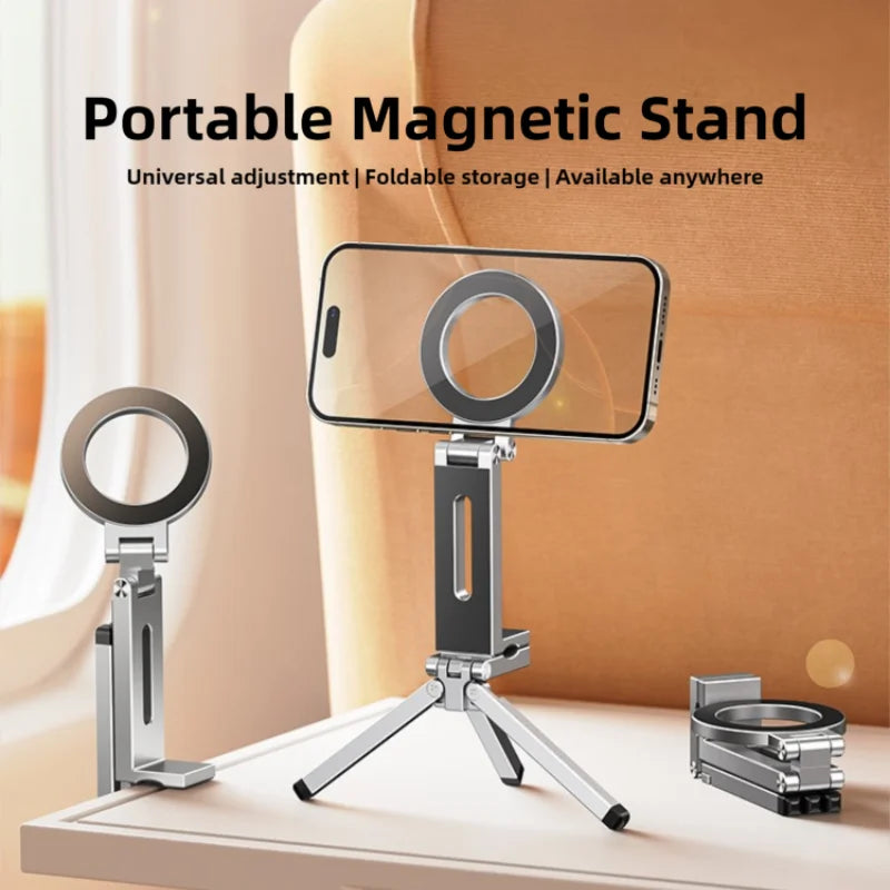 Foldable Magnetic Phone Tripod Holder, 360° Rotating Portable Stand for IPhone & Android Travel Video Shooting Desk/Plane Train
