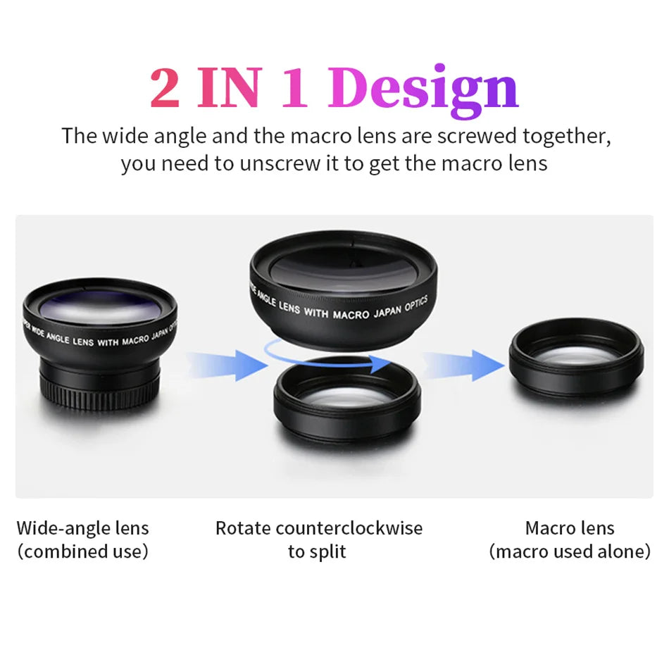 USLION 2 IN 1 Lens Universal Clip 37mm Mobile Phone Lens 0.45x 49uv Super Wide-Angle Macro HD Professional For All Smartphones