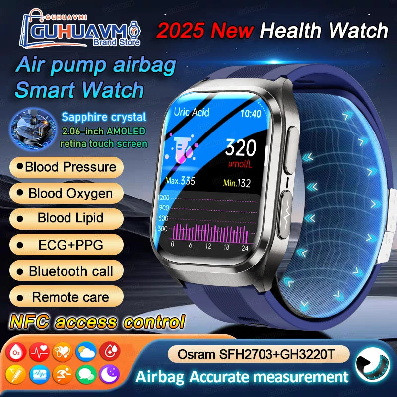 2025 New Air Pump Blood Pressure Accurate Measure Smart Watches Men Micro Physical Examination Fitness Sports Airbag SmartWatch