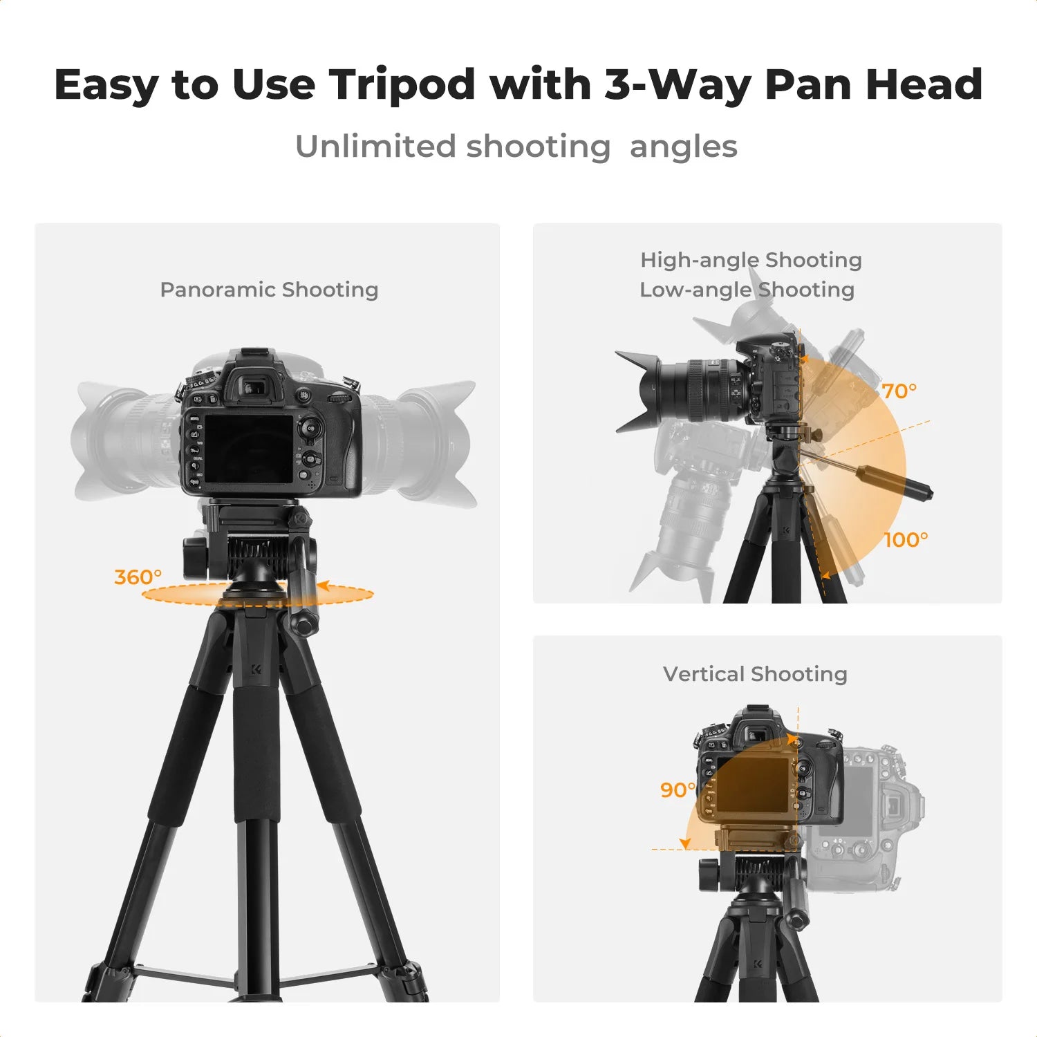 K&F Concept 75" Lightweight Tripod Camera Compact Tripod Remote 2-in-1 Phone Holder 3Way Pan Head Travel Phone Tripod for Selfie