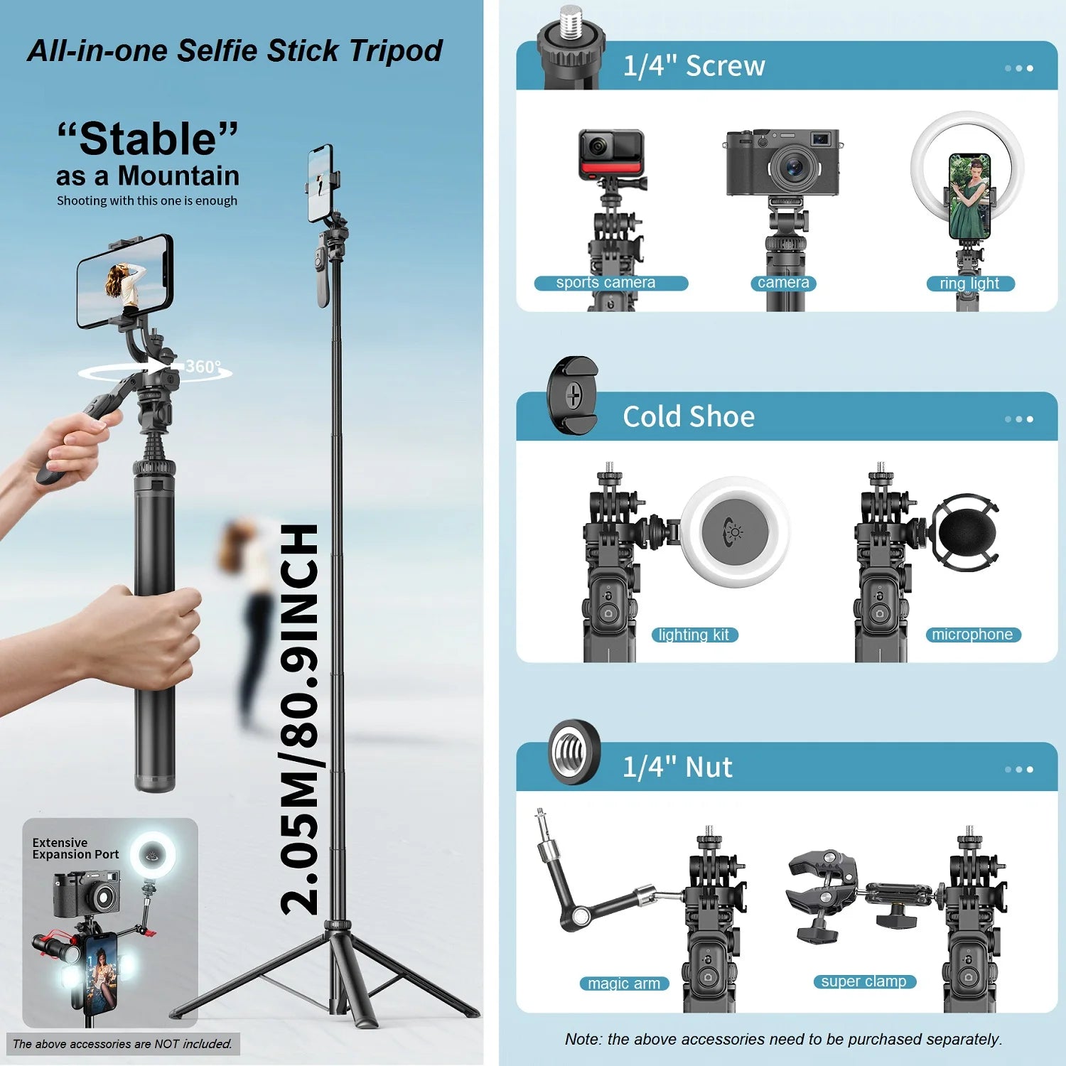Selfie Stick Tripod with Remote for iPhone Phone Gopro DSLR Camera, 2.0m Extendable Phone Tripod Cold Shoe Mount for Vlog Videos