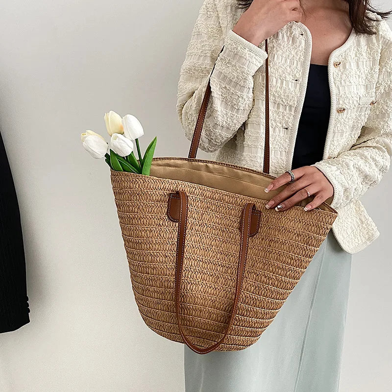 Women’s Large Straw Shoulder Bag – Summer Woven Basket Handbag, Luxury Designer Beach Tote, Bali Shopper Bag
