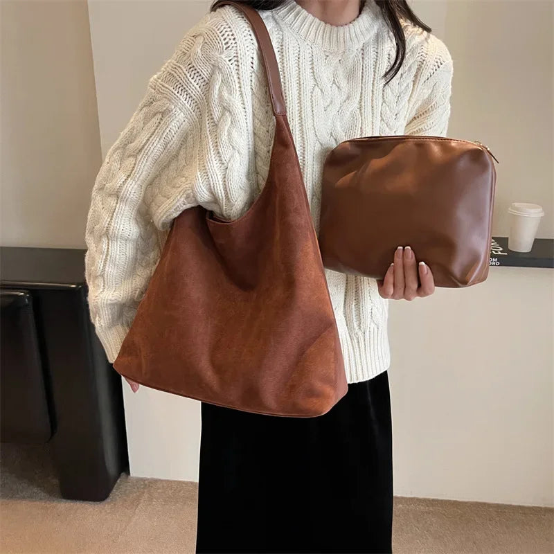 Autumn & Winter Women’s Vintage Bag – Large Capacity Suede Shoulder Bag, Solid Color Casual Commuter Retro Handbag