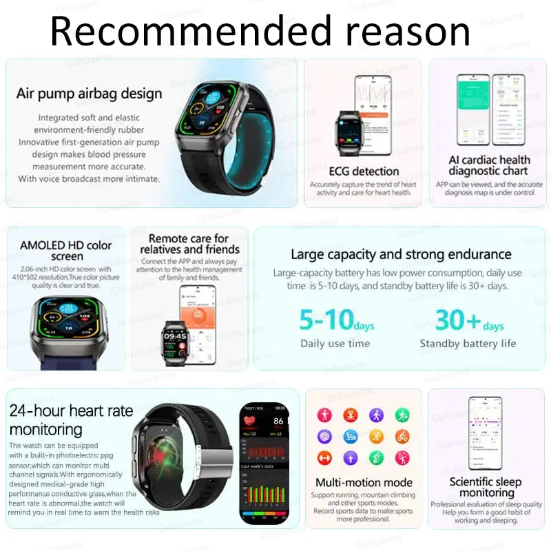 2025 New Air Pump Blood Pressure Accurate Measure Smart Watches Men Micro Physical Examination Fitness Sports Airbag SmartWatch
