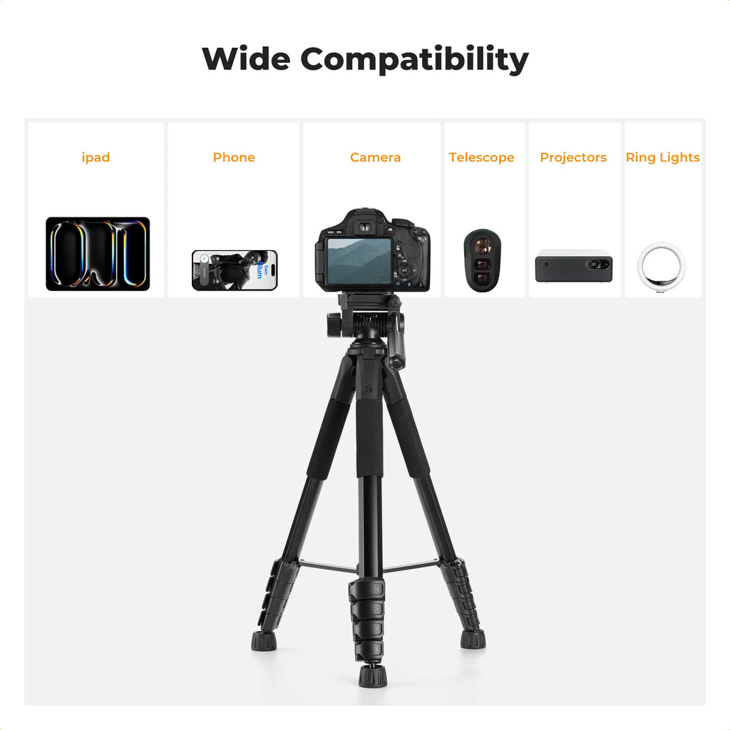 K&F Concept 75" Lightweight Tripod Camera Compact Tripod Remote 2-in-1 Phone Holder 3Way Pan Head Travel Phone Tripod for Selfie