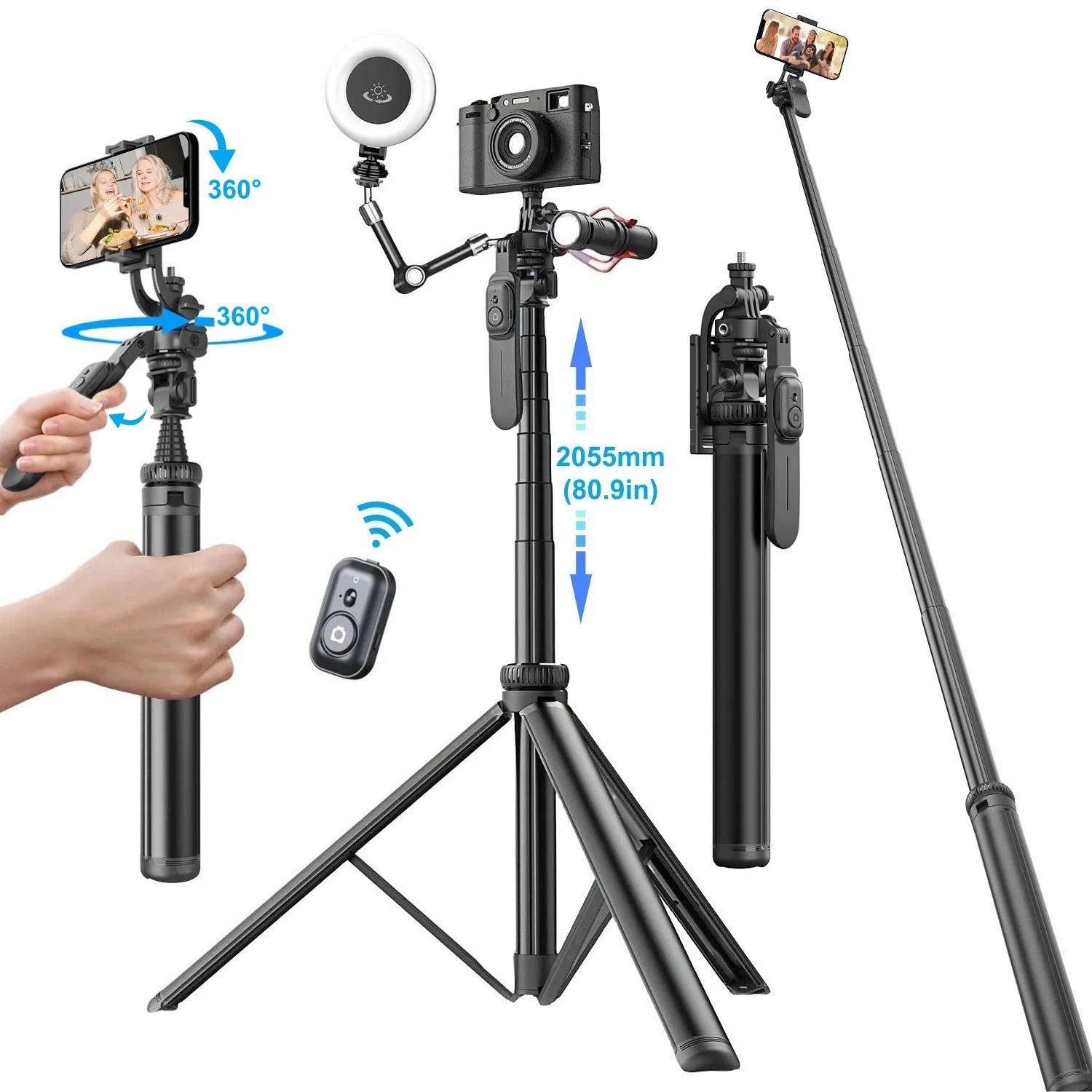 Selfie Stick Tripod with Remote for iPhone Phone Gopro DSLR Camera, 2.0m Extendable Phone Tripod Cold Shoe Mount for Vlog Videos