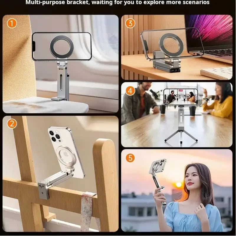 Foldable Magnetic Phone Tripod Holder, 360° Rotating Portable Stand for IPhone & Android Travel Video Shooting Desk/Plane Train