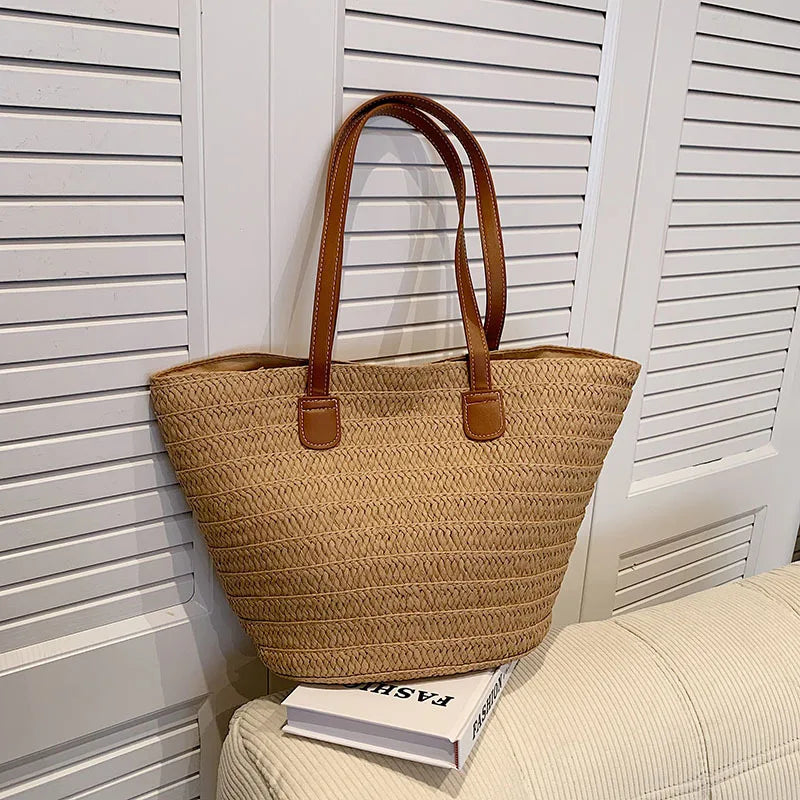 Women’s Large Straw Shoulder Bag – Summer Woven Basket Handbag, Luxury Designer Beach Tote, Bali Shopper Bag