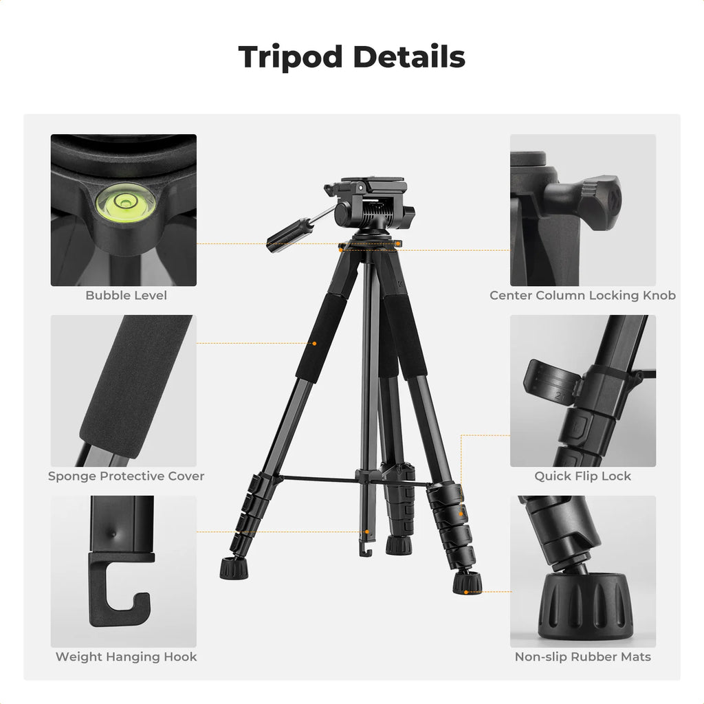 K&F Concept 75" Lightweight Tripod Camera Compact Tripod Remote 2-in-1 Phone Holder 3Way Pan Head Travel Phone Tripod for Selfie