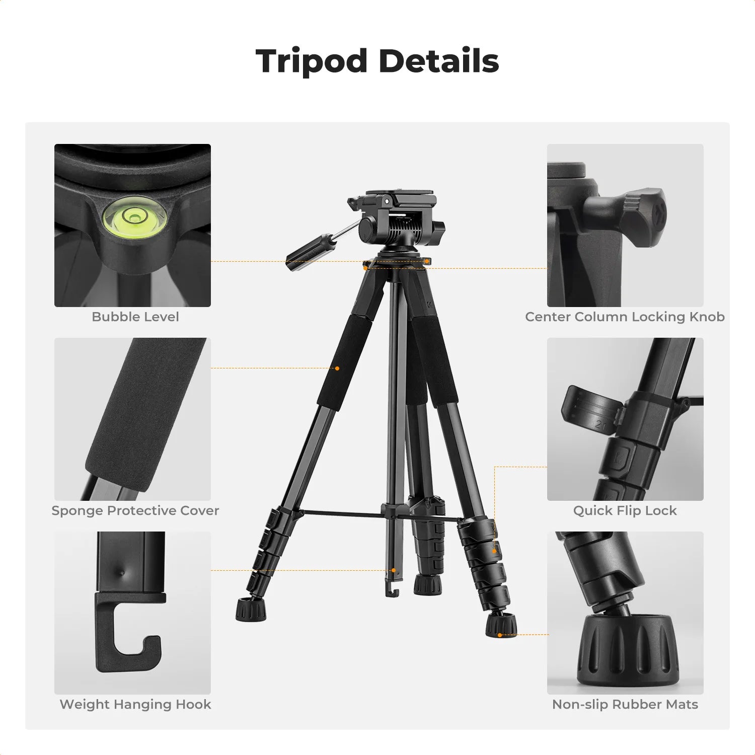 K&F Concept 75" Lightweight Tripod Camera Compact Tripod Remote 2-in-1 Phone Holder 3Way Pan Head Travel Phone Tripod for Selfie