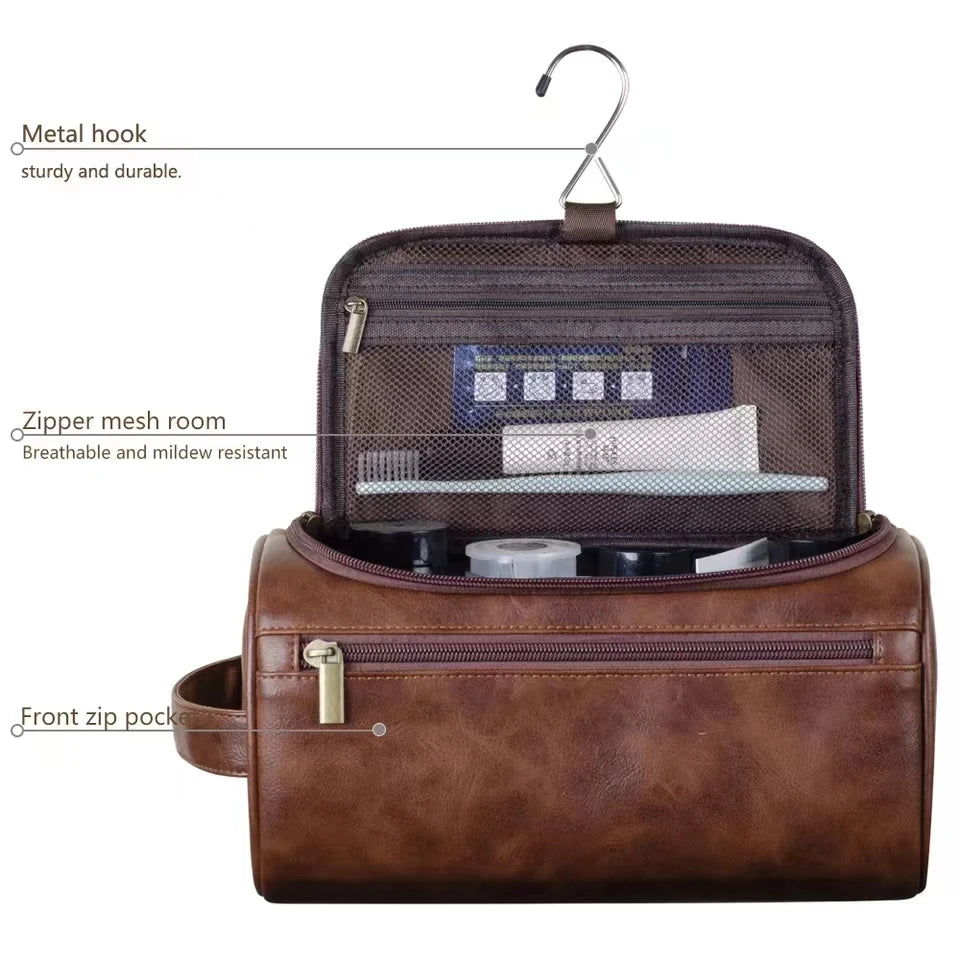 Unisex Leather Travel Toiletry Bag – Hanging Dopp Kit, Large Cosmetic Organizer for Men & Women