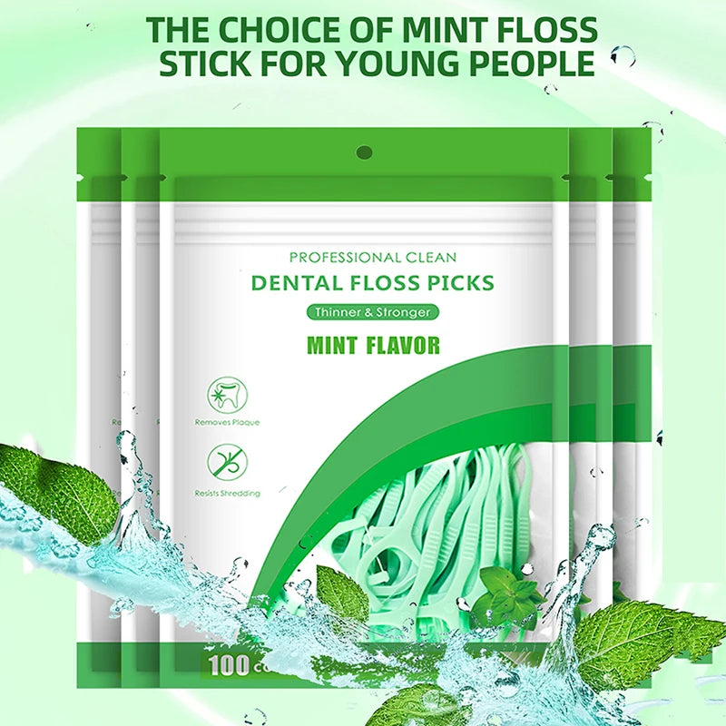 100/300/500pcs Portable Mint Mouthed Dental Floss Interdental Cleaning Floss Disposable Care Floss Stick For Oral Care Cleaning