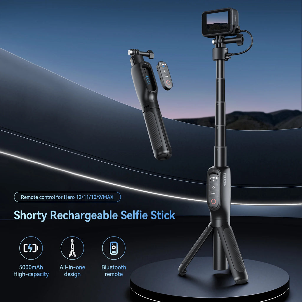 TELESIN 5000Mha Power Bank 360° Rotation Charging Selfie Stick Remote Control Tripod For Gopro Hero 13 12 11 10 9 MAX