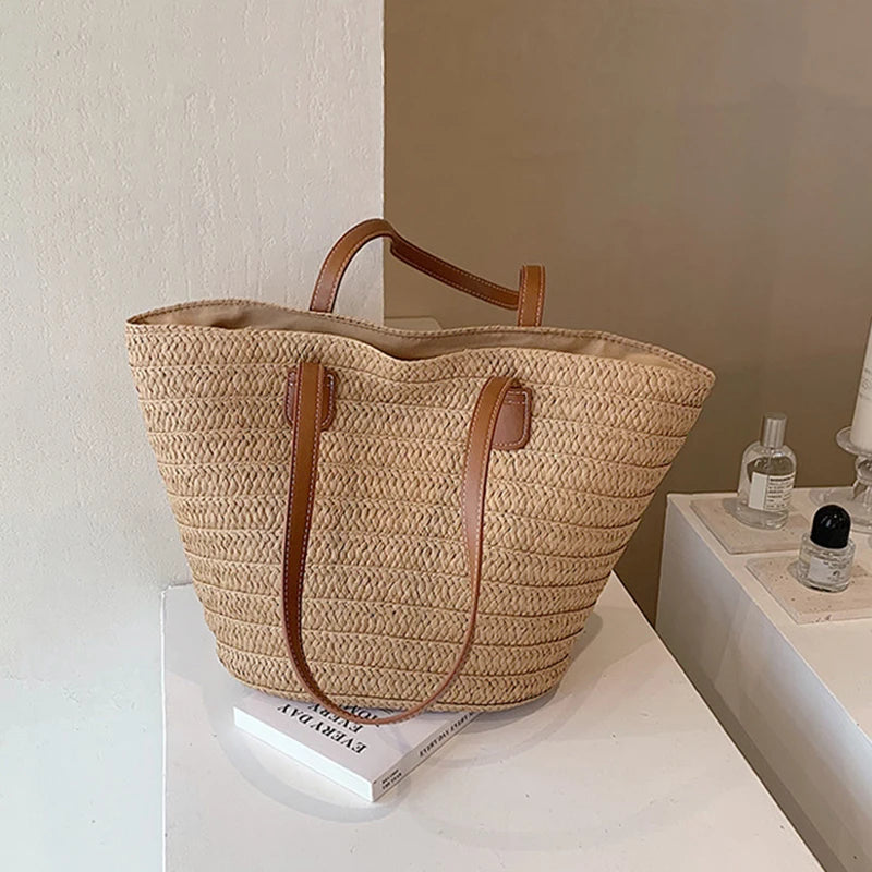 Women’s Large Straw Shoulder Bag – Summer Woven Basket Handbag, Luxury Designer Beach Tote, Bali Shopper Bag
