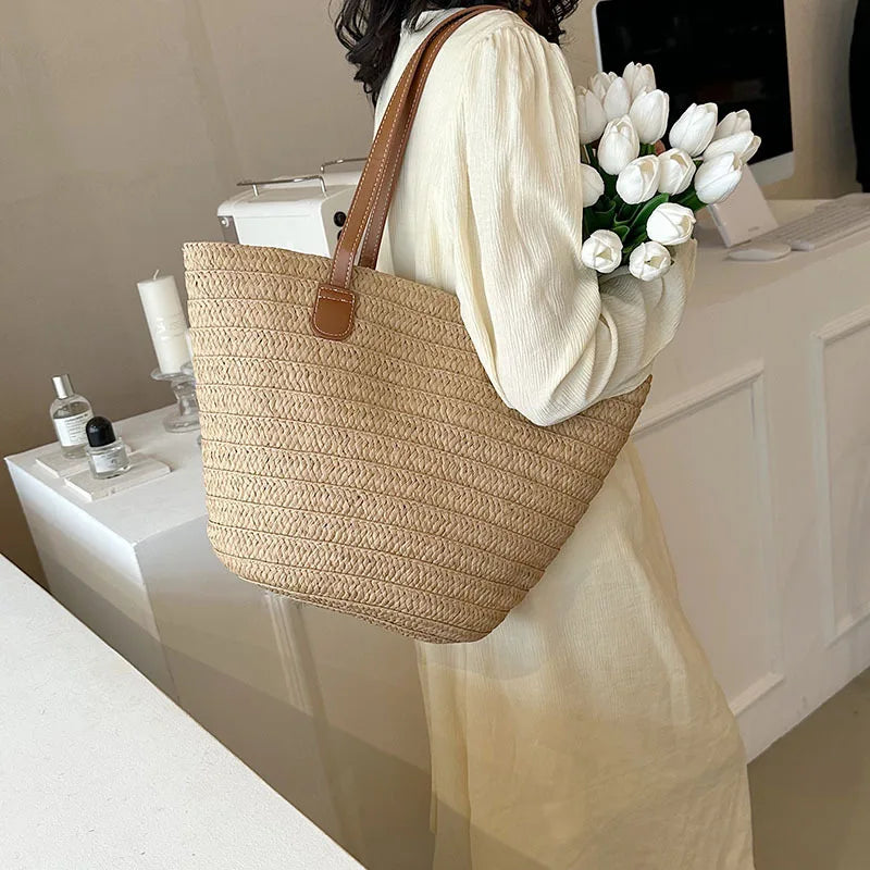 Women’s Large Straw Shoulder Bag – Summer Woven Basket Handbag, Luxury Designer Beach Tote, Bali Shopper Bag