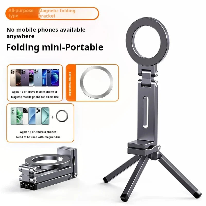 Foldable Magnetic Phone Tripod Holder, 360° Rotating Portable Stand for IPhone & Android Travel Video Shooting Desk/Plane Train