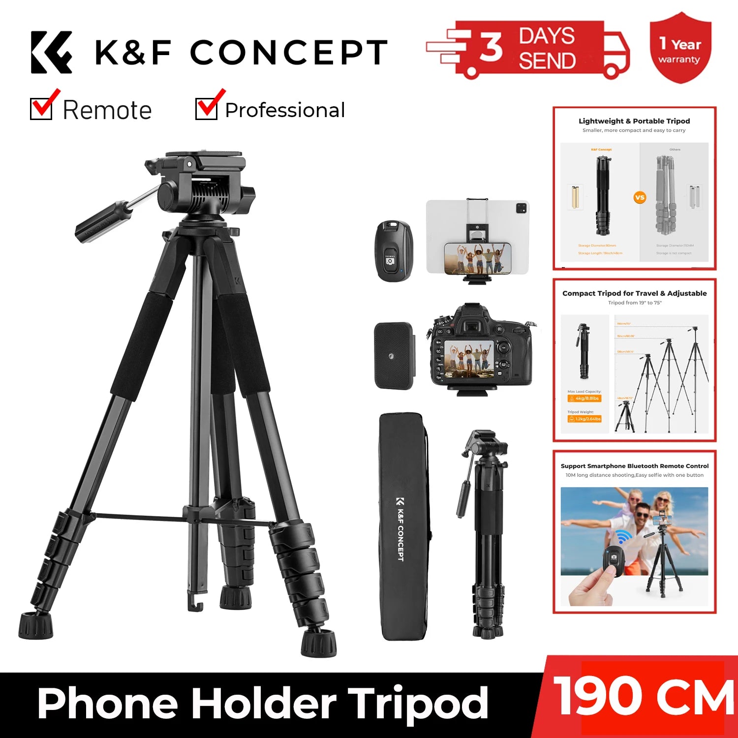 K&F Concept 75" Lightweight Tripod Camera Compact Tripod Remote 2-in-1 Phone Holder 3Way Pan Head Travel Phone Tripod for Selfie