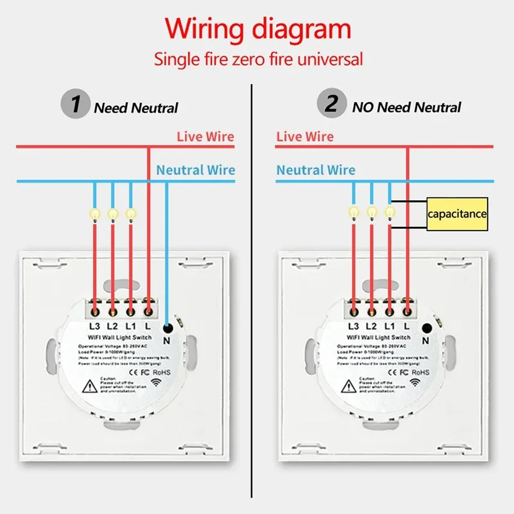 TNCE Tuya Switch WIFI RF US/EU, 1/2/3/4 Gang No/With Neutral Wire Wall LED Light Controller, Smart life, Voice Alexa Google Home