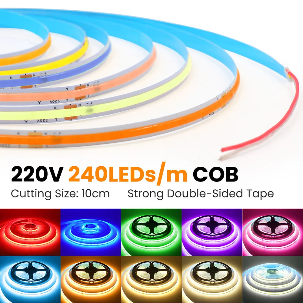 5m 10m 20m 50m COB LED Strip Light 220V Flex Tape Lamp with IC Chip High Bright 240 LEDs Linear Lighting RA90 Warm Natural White