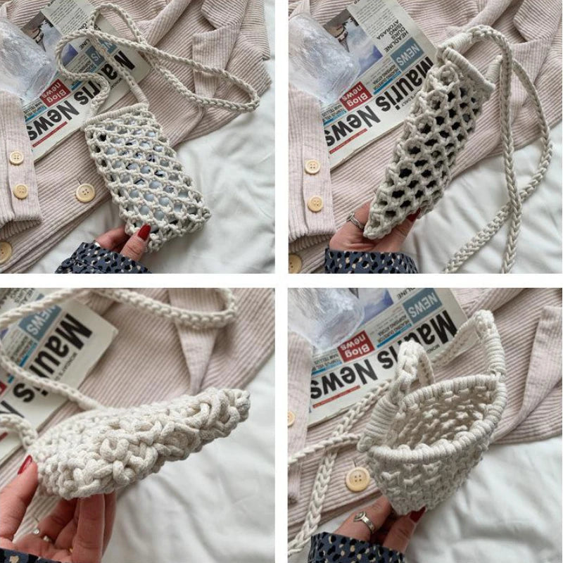Women’s Small Crossbody Phone Bag – Solid Color Hollow-Out Woven Crochet Lightweight Braided Shoulder Handbag
