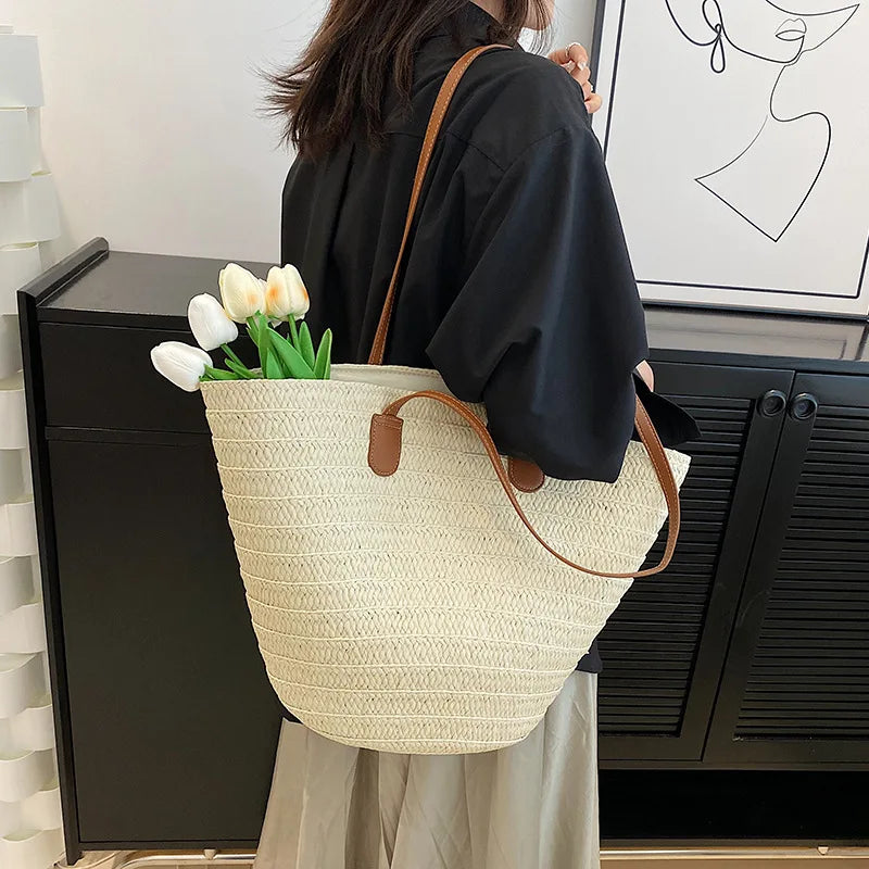 Women’s Large Straw Shoulder Bag – Summer Woven Basket Handbag, Luxury Designer Beach Tote, Bali Shopper Bag