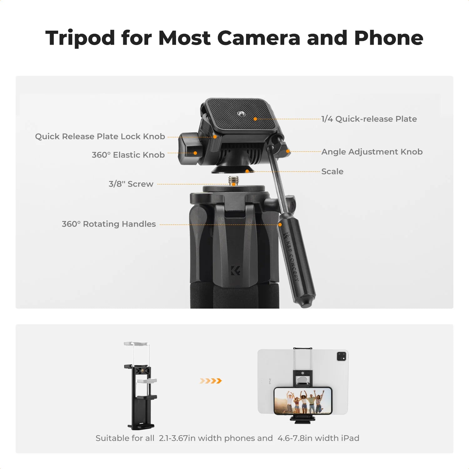 K&F Concept 75" Lightweight Tripod Camera Compact Tripod Remote 2-in-1 Phone Holder 3Way Pan Head Travel Phone Tripod for Selfie