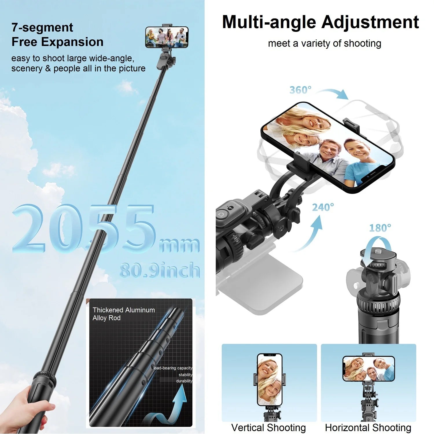 Selfie Stick Tripod with Remote for iPhone Phone Gopro DSLR Camera, 2.0m Extendable Phone Tripod Cold Shoe Mount for Vlog Videos