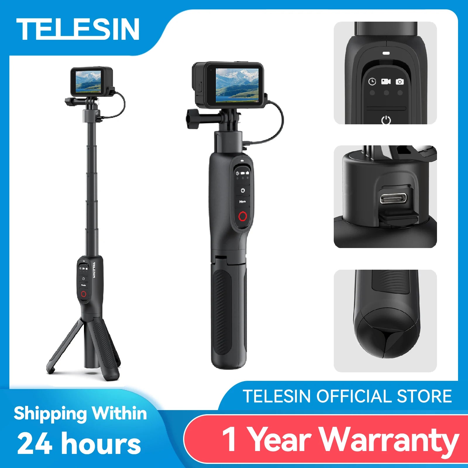 TELESIN 5000Mha Power Bank 360° Rotation Charging Selfie Stick Remote Control Tripod For Gopro Hero 13 12 11 10 9 MAX